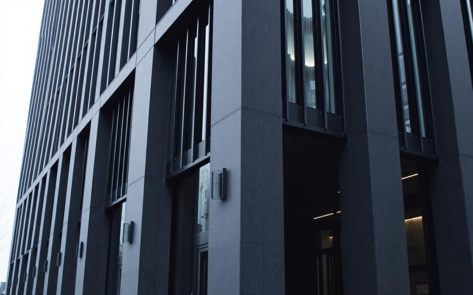 Corporate building facade in dark stone and glass
